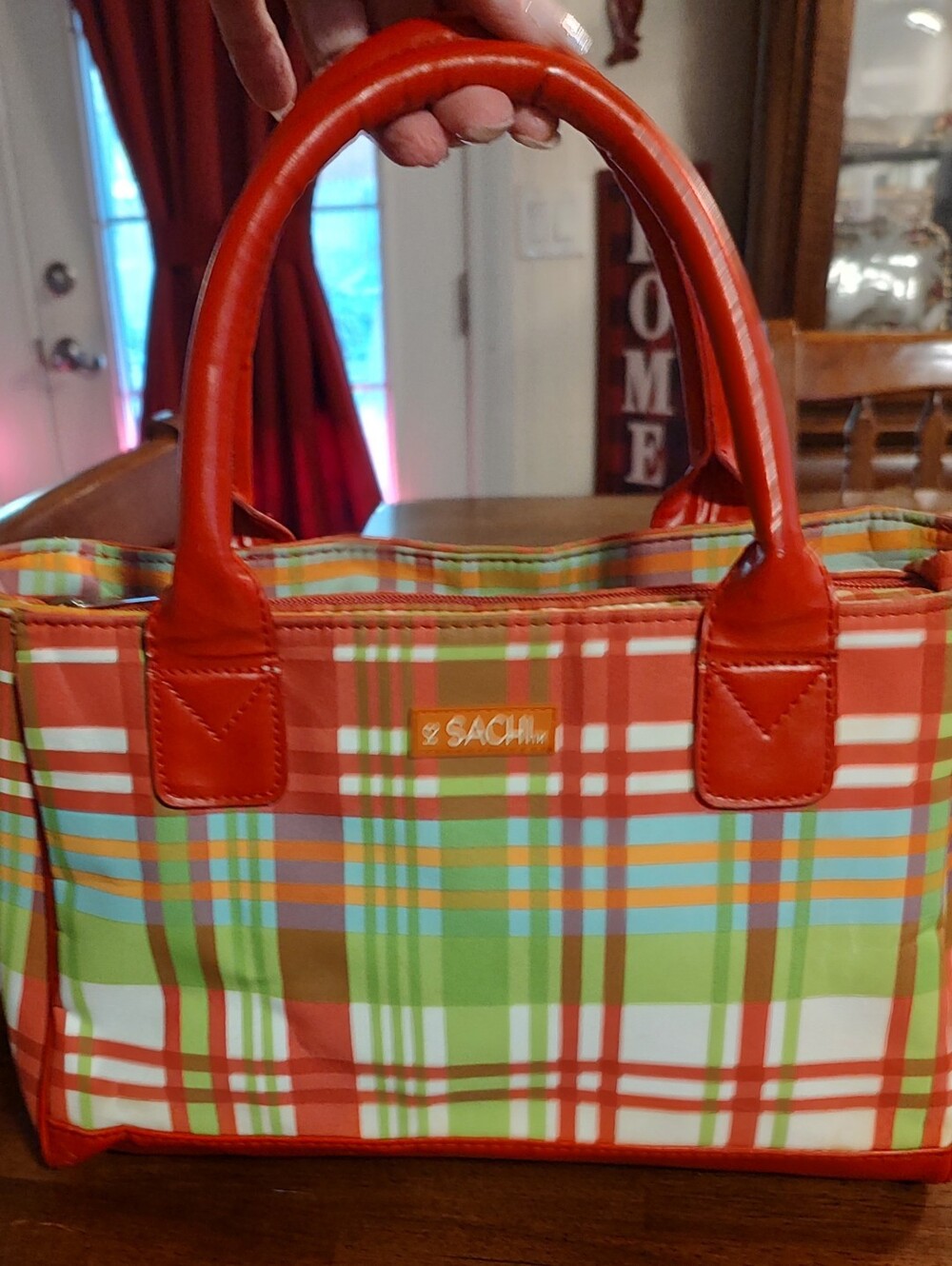 SACHI Red Plaid Tote with Green and Orange Accents